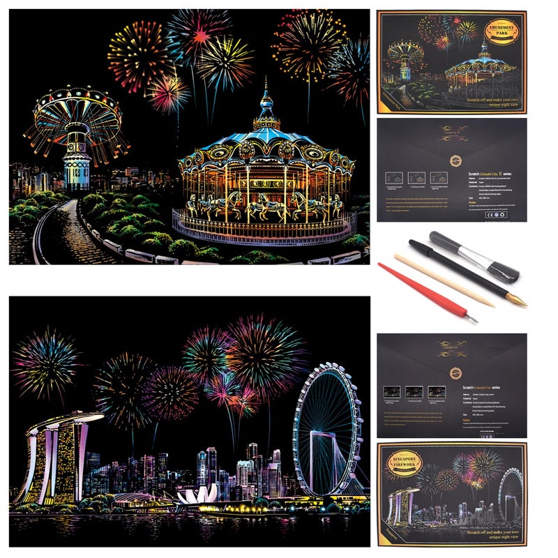 BOTEEN Scratch Rainbow Painting Art Paper,Scratch & Sketch Art for Adults,Creative DIY Gifts&Arts Craft Kits with 4 Tools,16''x11'(Amusement Park) - Image 1